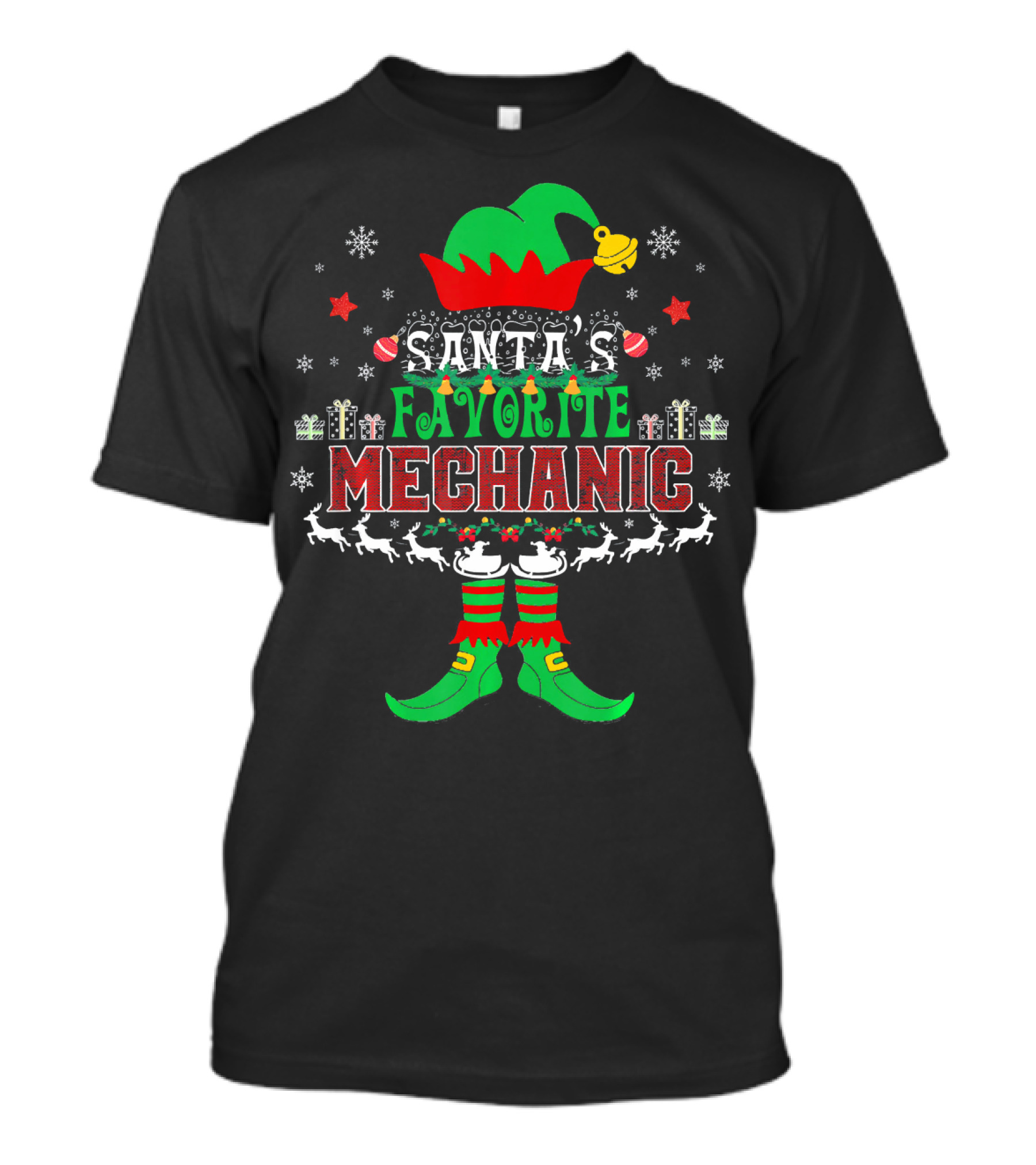 Santa's Favorite Mechanic Elf Xmas Reindeer And Gifts T-Shirt