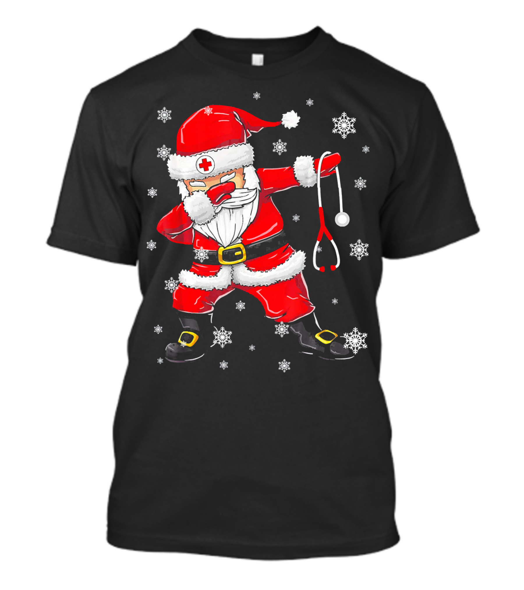 Dabbing Santa With Stethoscope Surrounded By Snowflakes T-Shirt