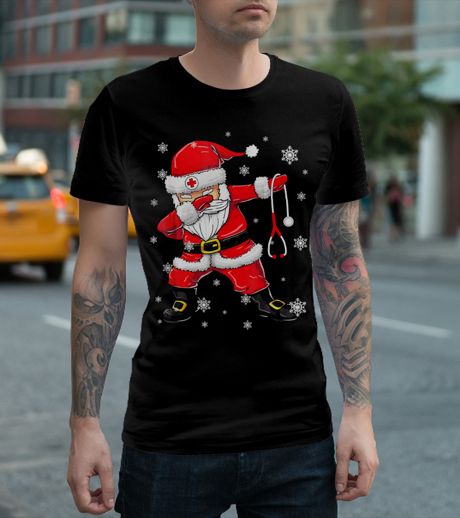 Dabbing Santa With Stethoscope Surrounded By Snowflakes T-Shirt