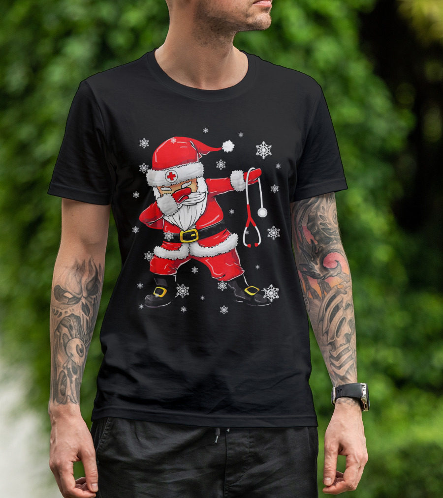 Dabbing Santa With Stethoscope Surrounded By Snowflakes T-Shirt