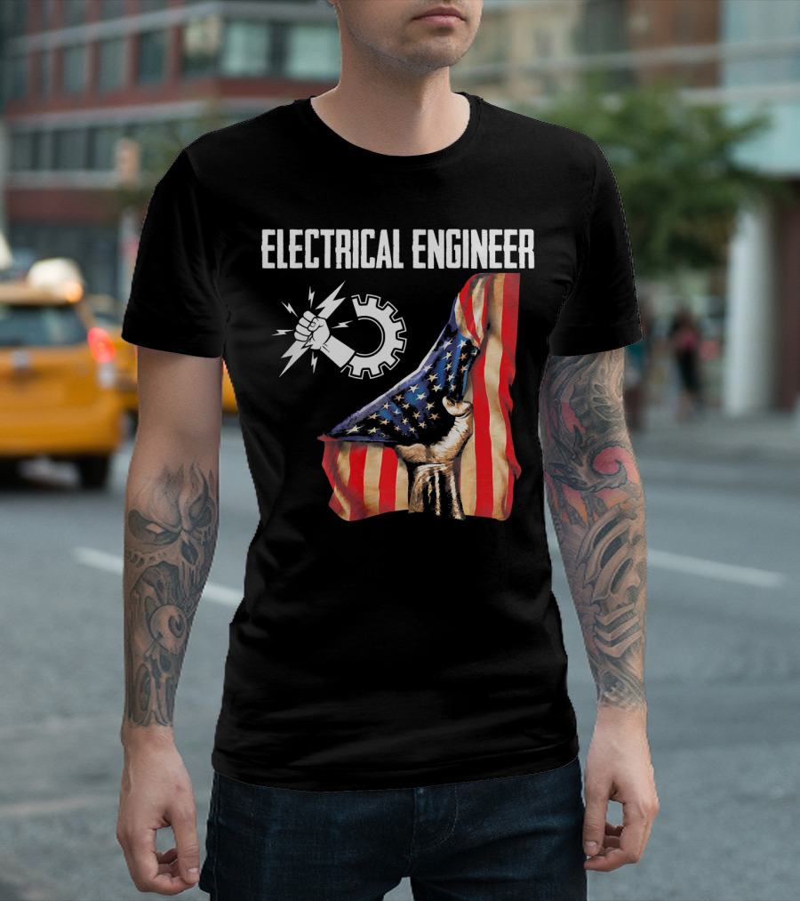 Electrical Engineer American Flag Gear and Power Fist T-Shirt