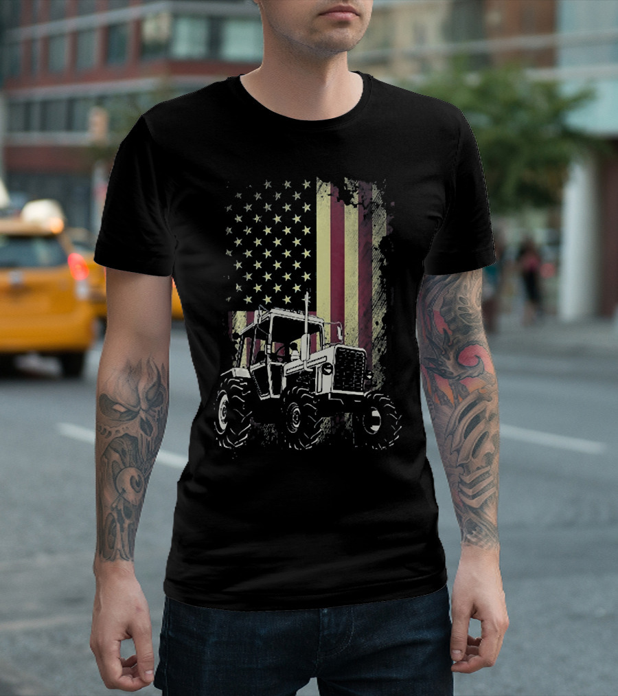 Farm Tractor With American Flag Background T-Shirt