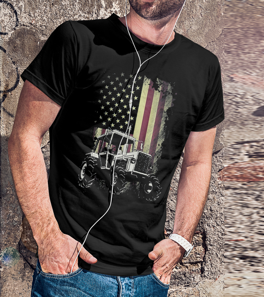 Farm Tractor With American Flag Background T-Shirt