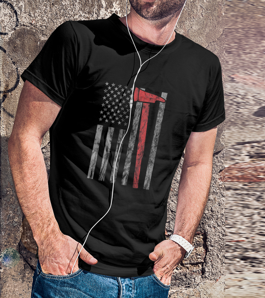Distressed USA Flag With Fire Axe Firefighter T-Shirt
