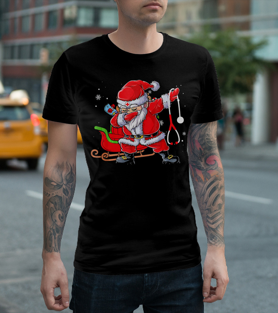 Dabbing Santa Christmas Scrub Funny Nurse Stethoscope Sleigh T-Shirt