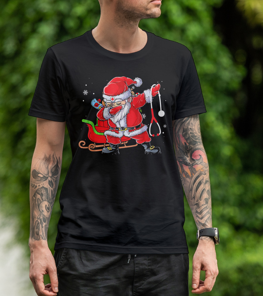 Dabbing Santa Christmas Scrub Funny Nurse Stethoscope Sleigh T-Shirt