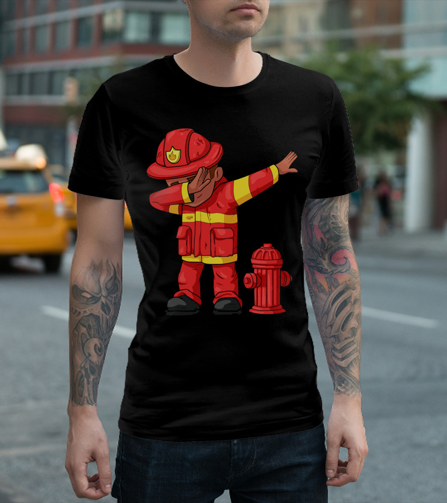 Dabbing Firefighter Funny Fireman Next To Fire Hydrant T-Shirt