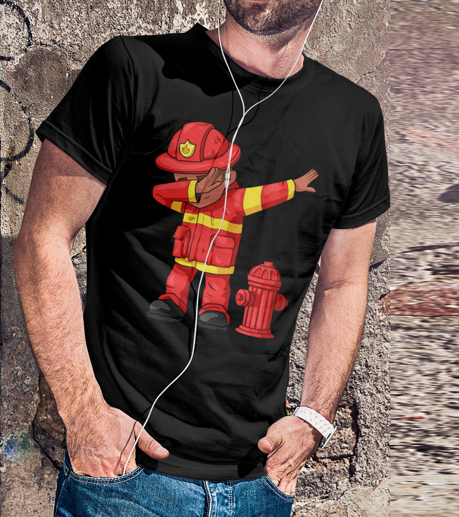Dabbing Firefighter Funny Fireman Next To Fire Hydrant T-Shirt