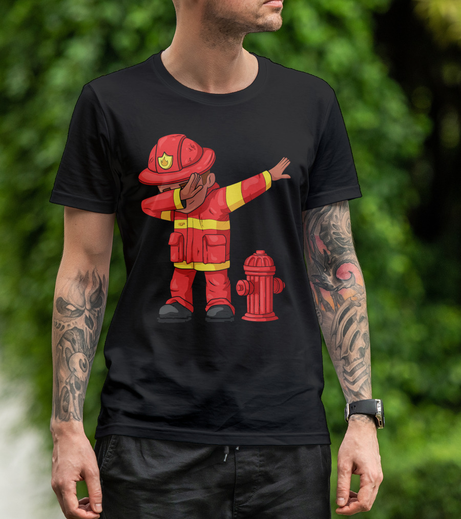 Dabbing Firefighter Funny Fireman Next To Fire Hydrant T-Shirt
