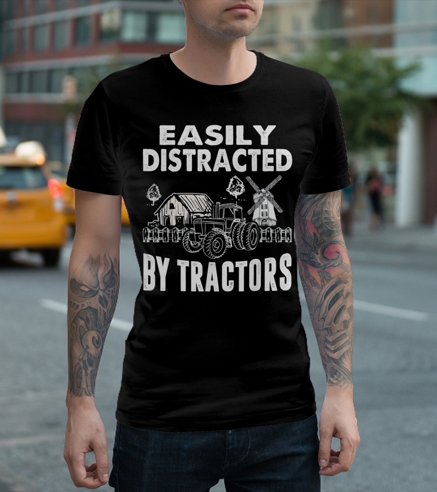 Easily Distracted By Tractors Farm Barn Windmill Scene T-Shirt