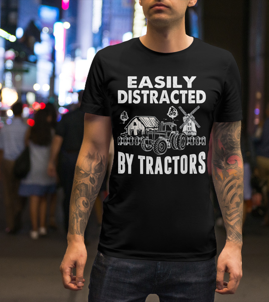 Easily Distracted By Tractors Farm Barn Windmill Scene T-Shirt