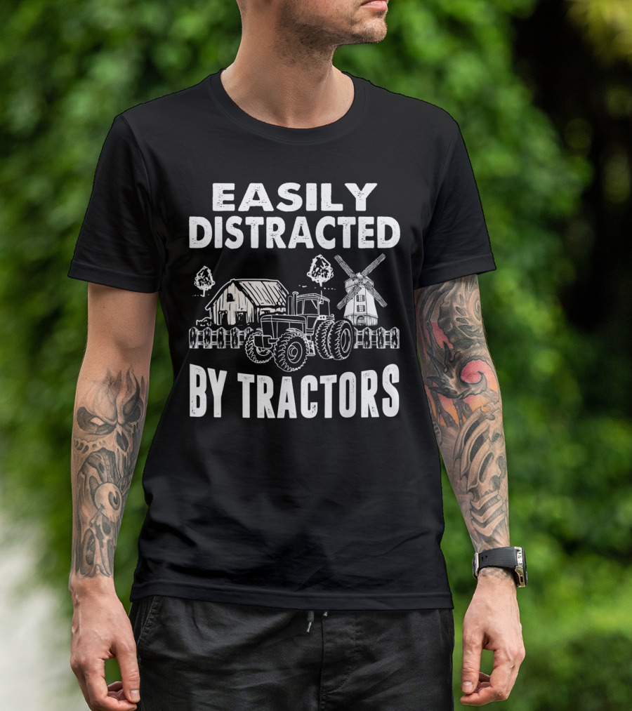 Easily Distracted By Tractors Farm Barn Windmill Scene T-Shirt