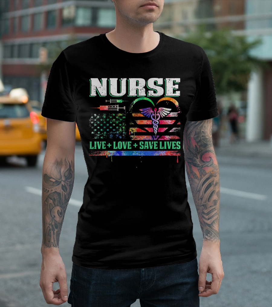 Nurse Heartbeat Live Love Save Lives Caduceus American Flag Syringe T-Shirt