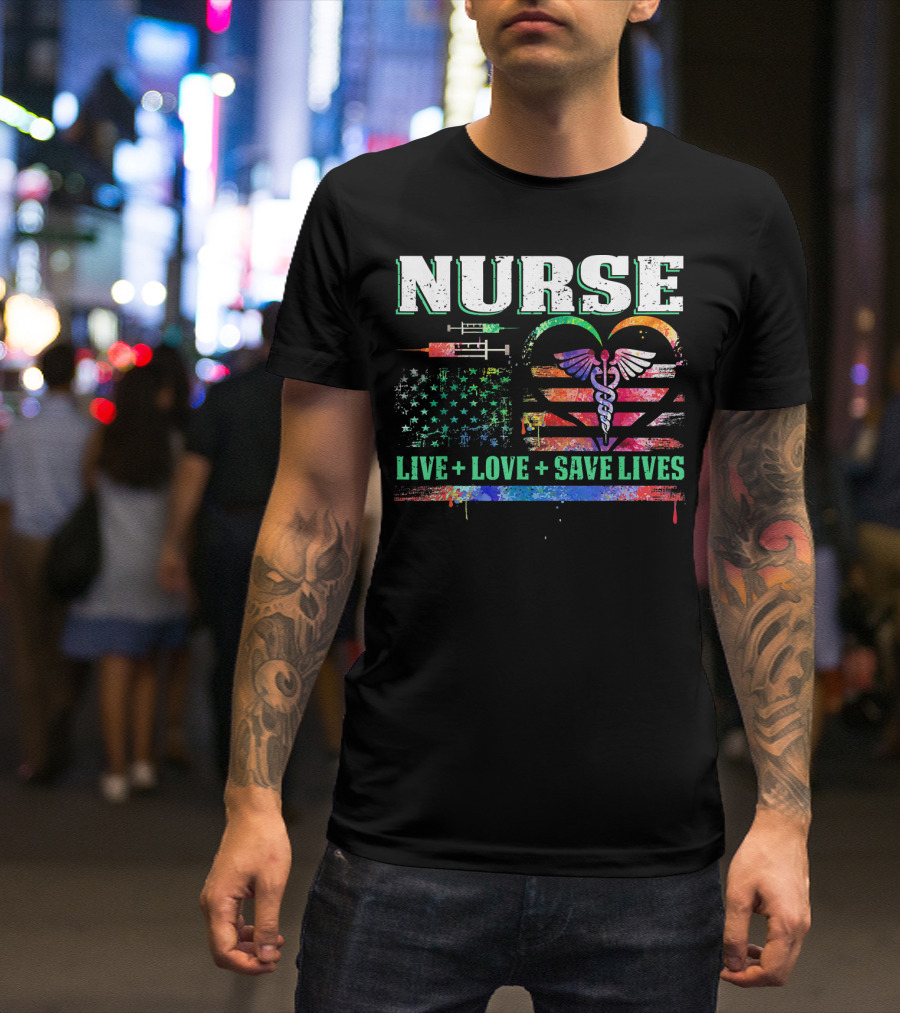 Nurse Heartbeat Live Love Save Lives Caduceus American Flag Syringe T-Shirt