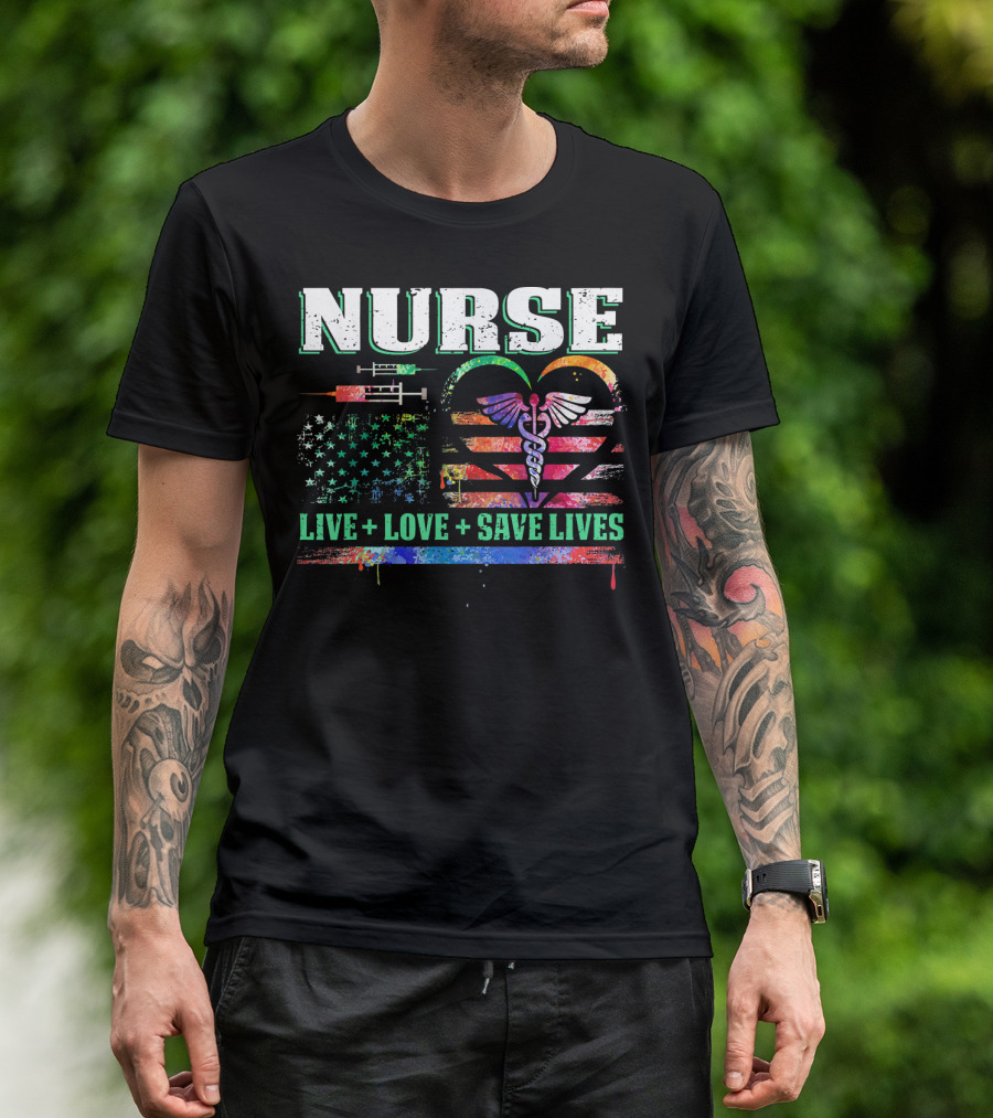 Nurse Heartbeat Live Love Save Lives Caduceus American Flag Syringe T-Shirt