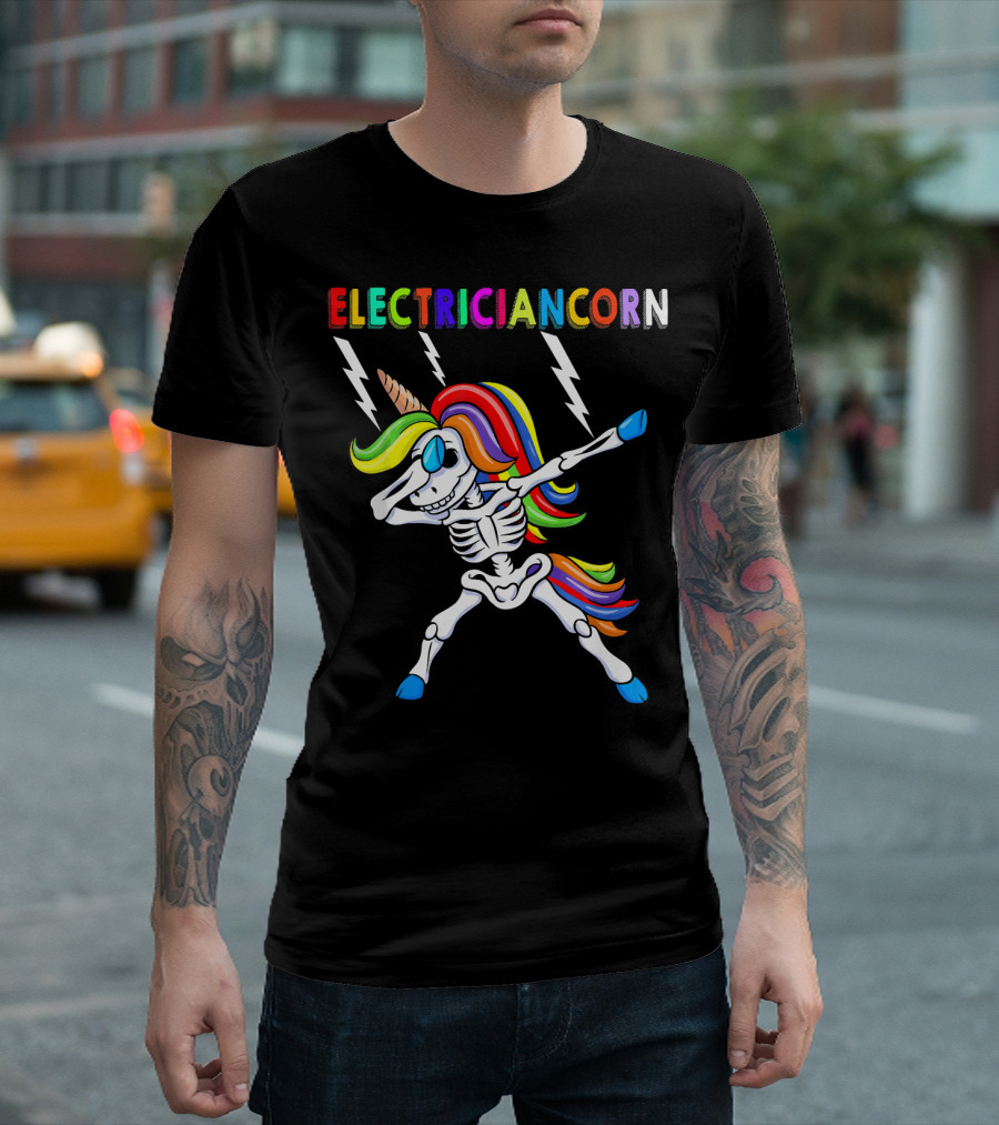 Electriciancorn Halloween Skeleton Unicorn Rainbow Funny Dabbing T-Shirt