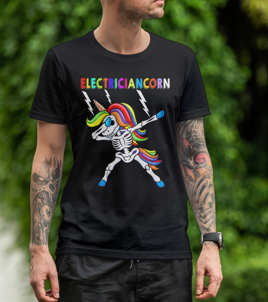 Electriciancorn Halloween Skeleton Unicorn Rainbow Funny Dabbing T-Shirt