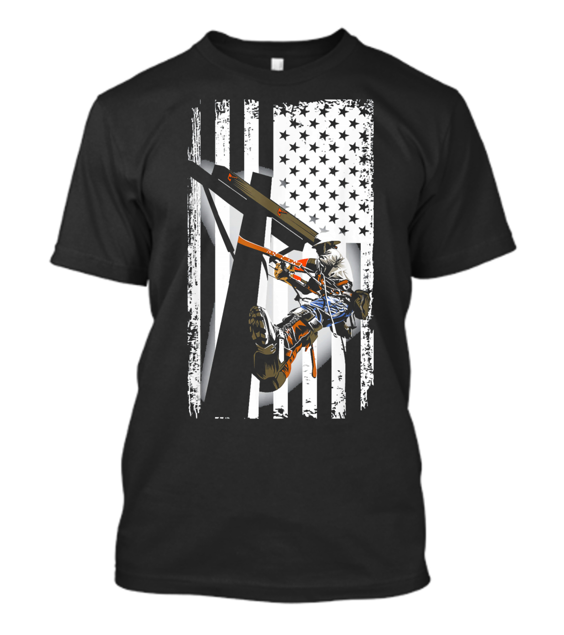 Electrician Vintage American Flag Lineman Climbing Utility Pole T-Shirt