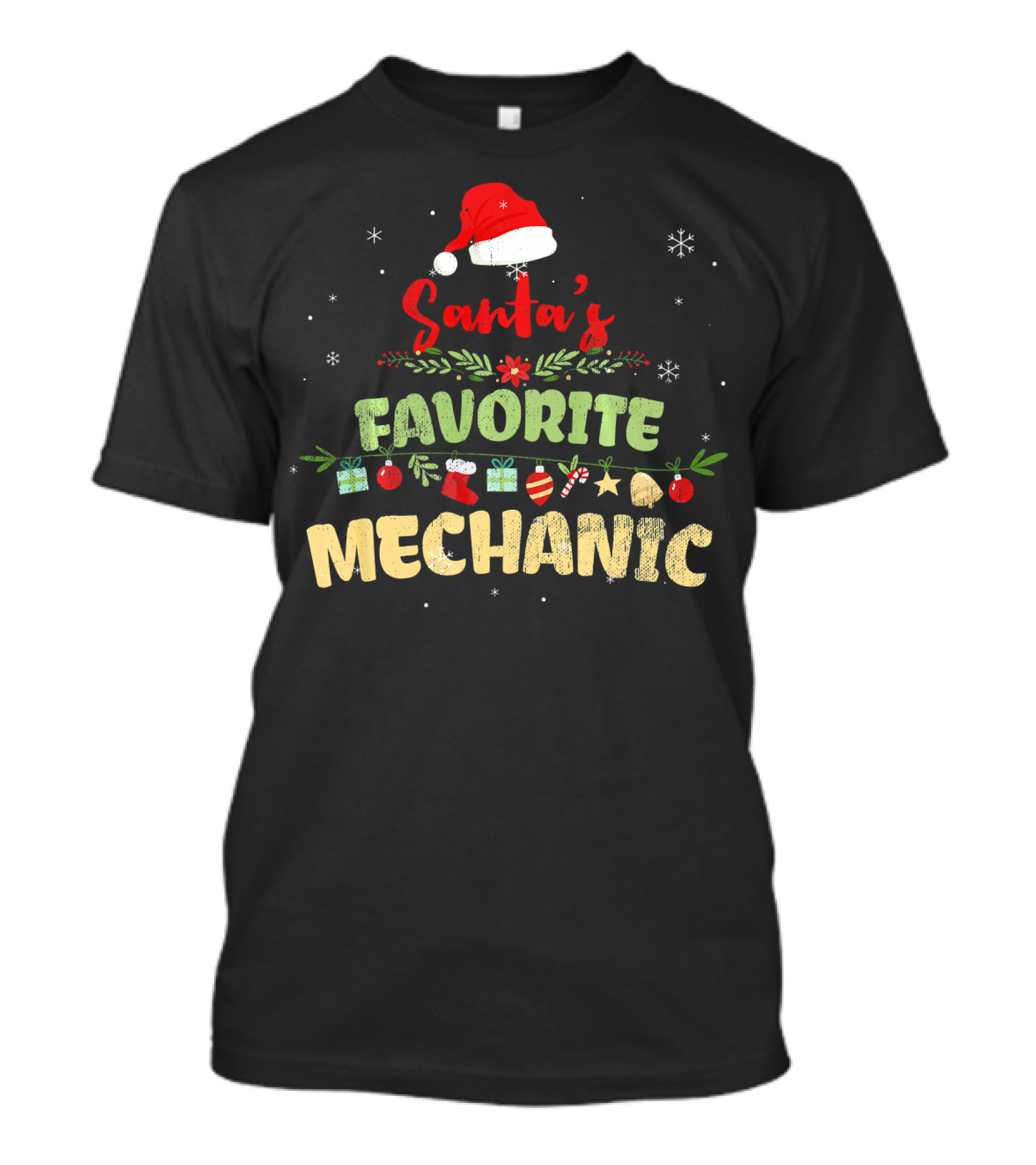 Santa's Favorite Mechanic Xmas Cute Festive Design With Santa Hat And Holiday Icons T-Shirt
