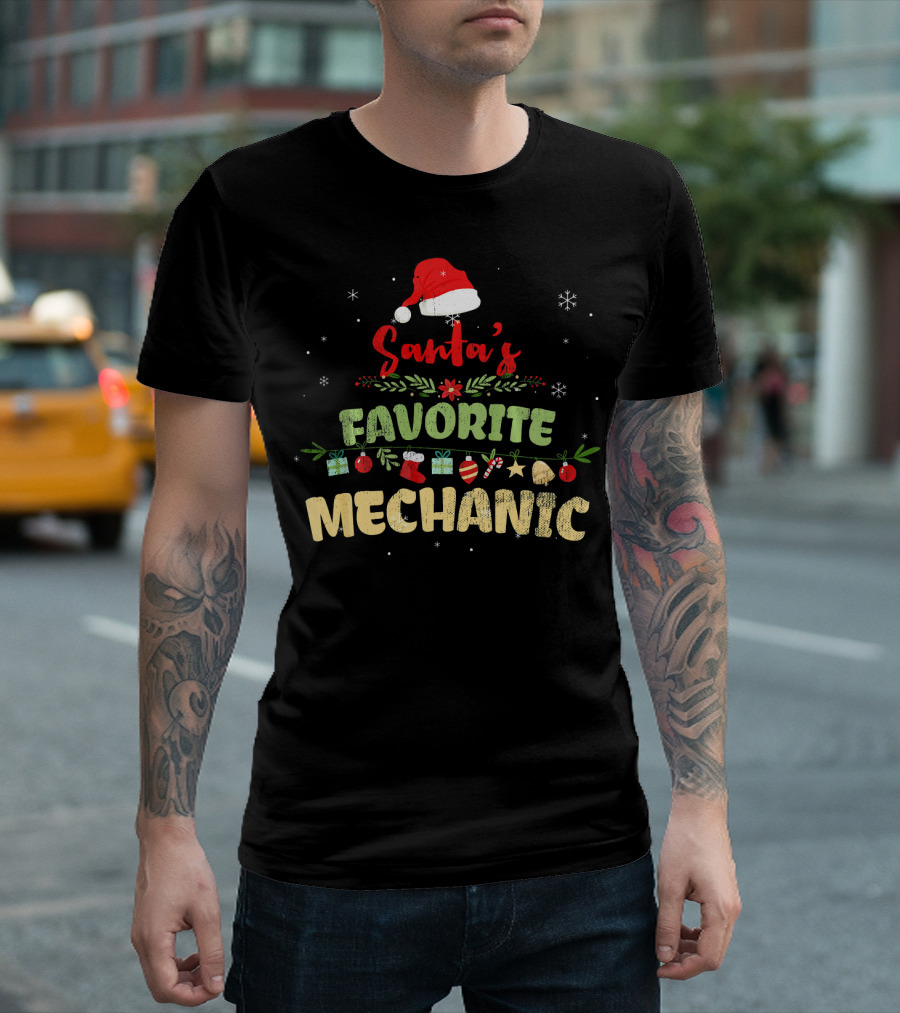 Santa's Favorite Mechanic Xmas Cute Festive Design With Santa Hat And Holiday Icons T-Shirt