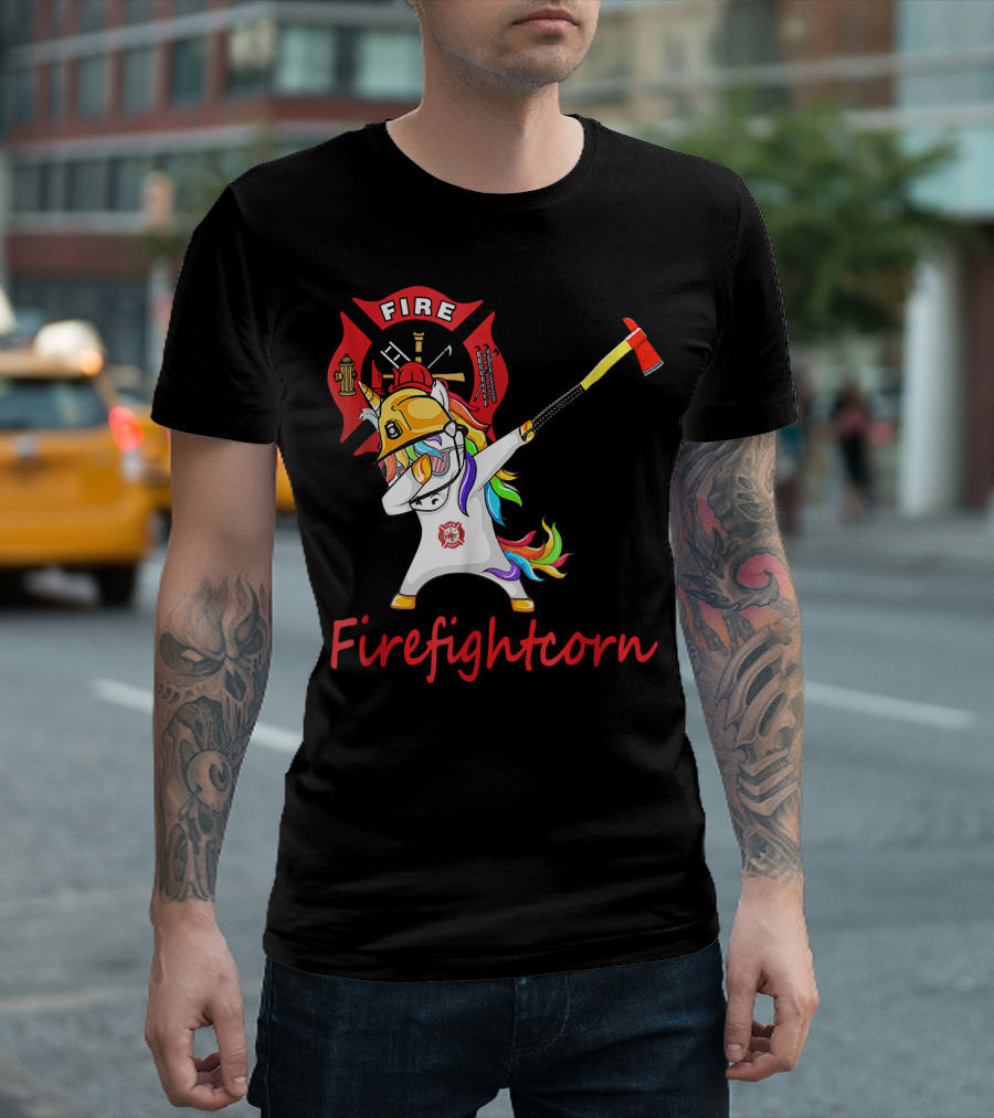 Firefighter Firefighting Unicorn Dabbing with Axe and Rainbow Mane T-Shirt