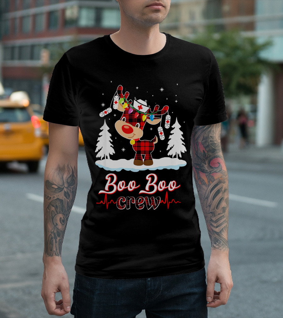 Cute Reindeer Red Plaid Boo Boo Crew Christmas Nurse Bandages T-Shirt