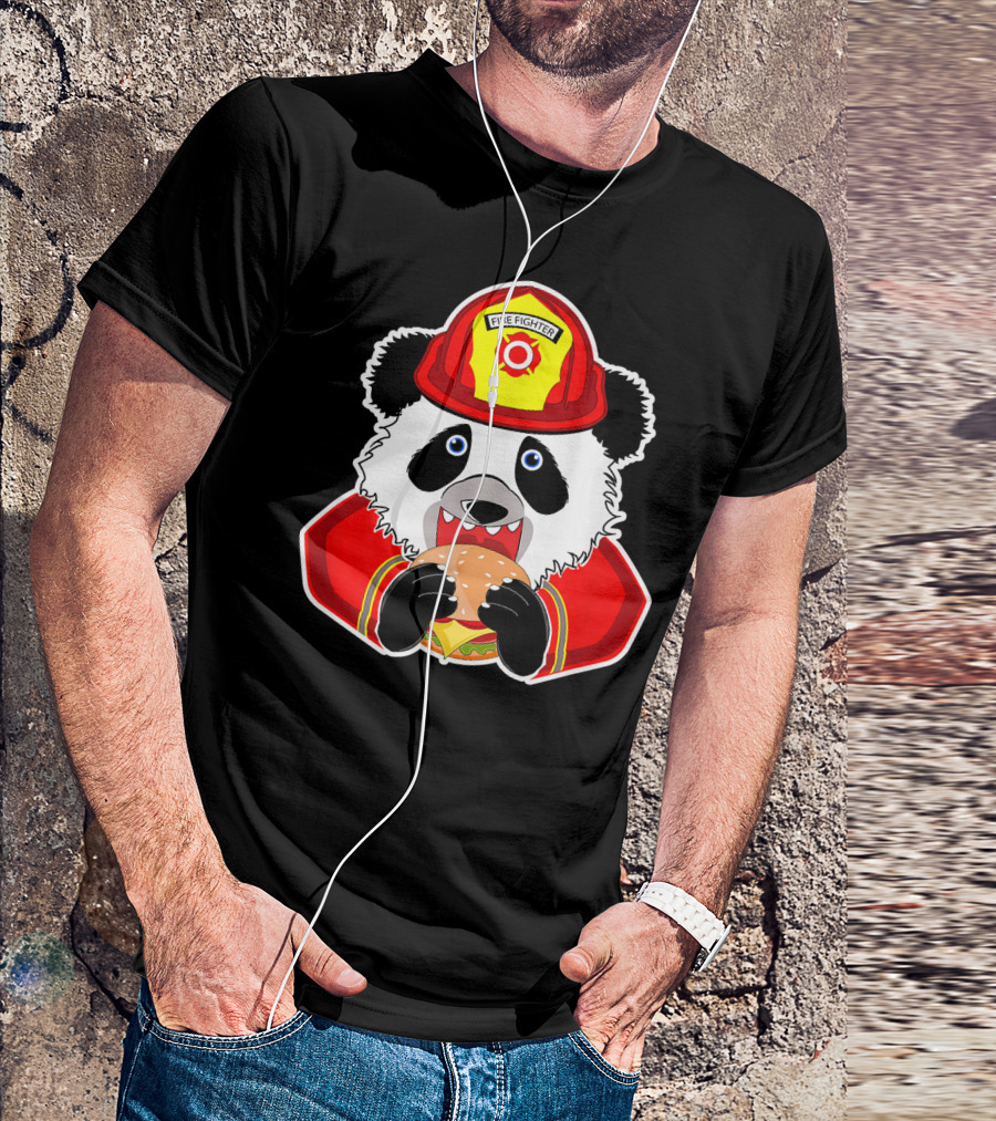 Cute Firefighter Panda Enjoys Burger T-Shirt