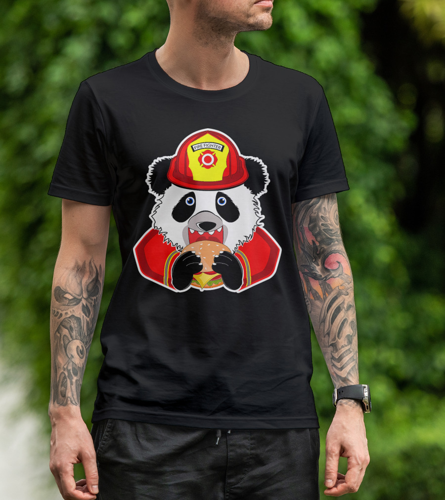 Cute Firefighter Panda Enjoys Burger T-Shirt