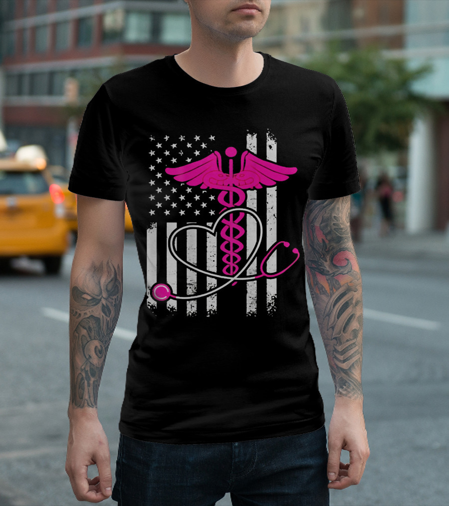 Cute Proud Nurse Flag with Stethoscope and Caduceus T-Shirt