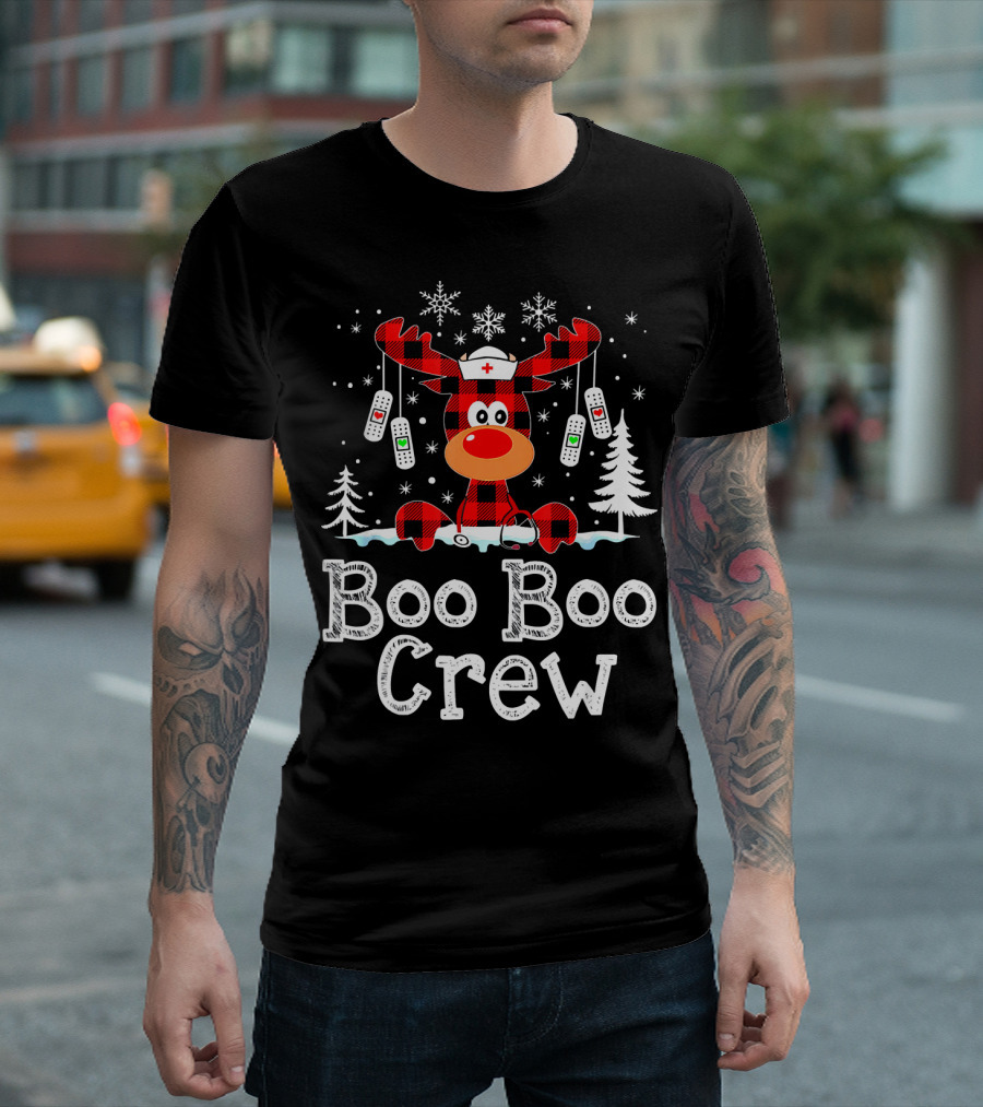 Boo Boo Crew Cute Reindeer Buffalo Plaid Winter Bandage Snowflakes T-Shirt