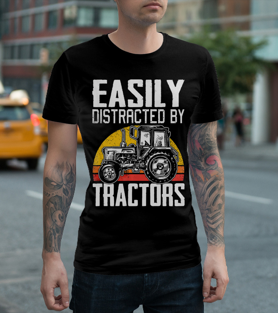 Easily Distracted By Tractors Retro Sunset Tractor T-Shirt