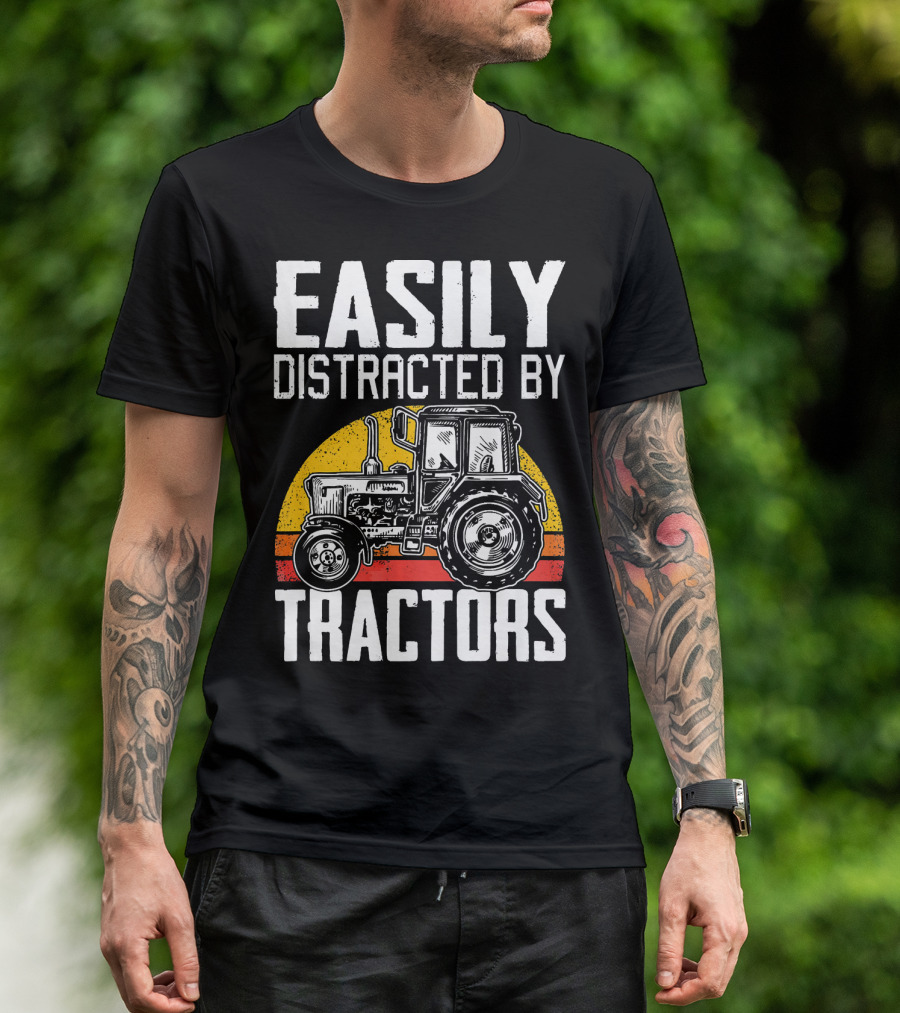 Easily Distracted By Tractors Retro Sunset Tractor T-Shirt