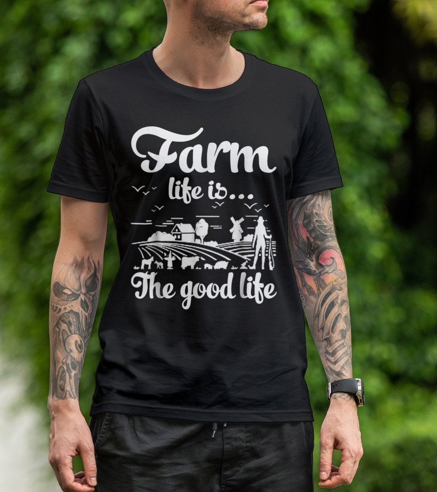 Farm Life Is The Good Life Tractor Windmill Scenic Country T-Shirt