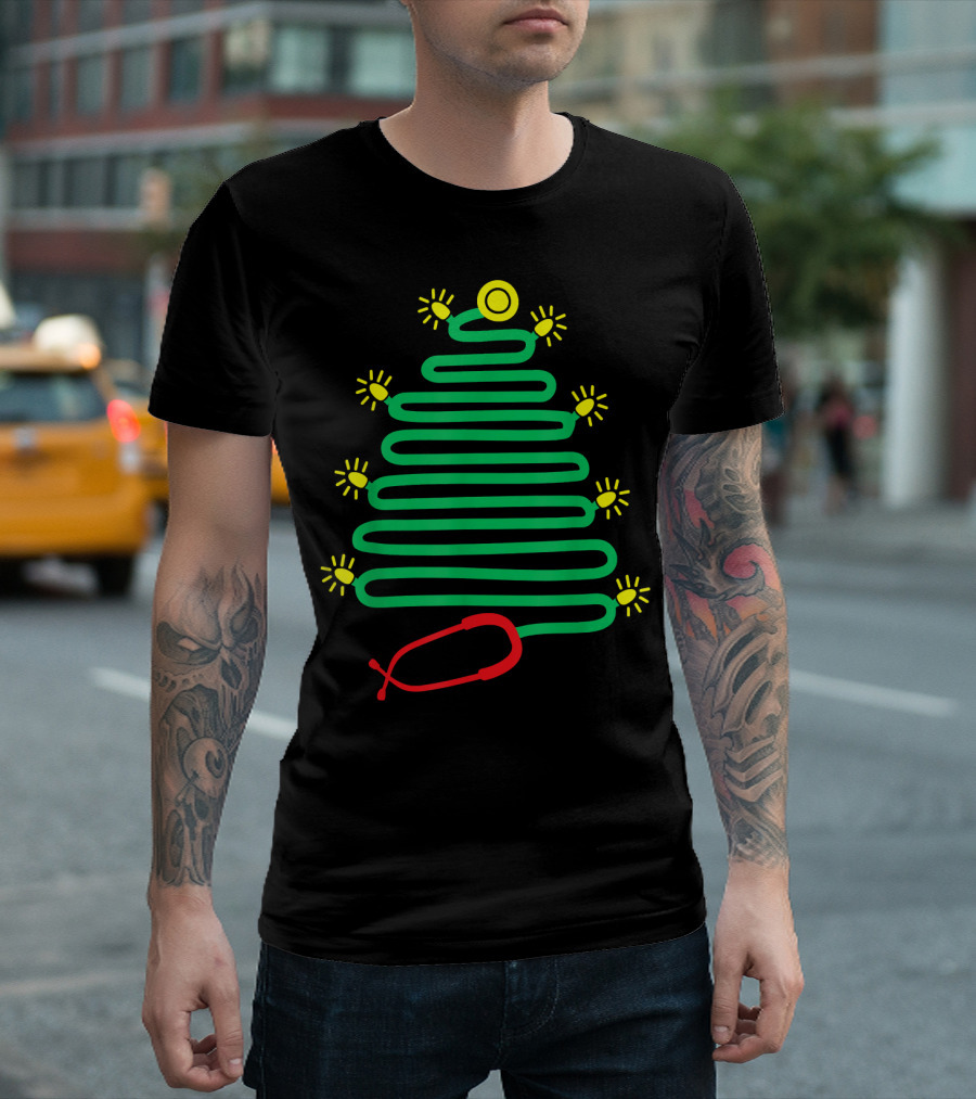 Cute Nurse Christmas Tree Stethoscope Holiday Lights T-Shirt