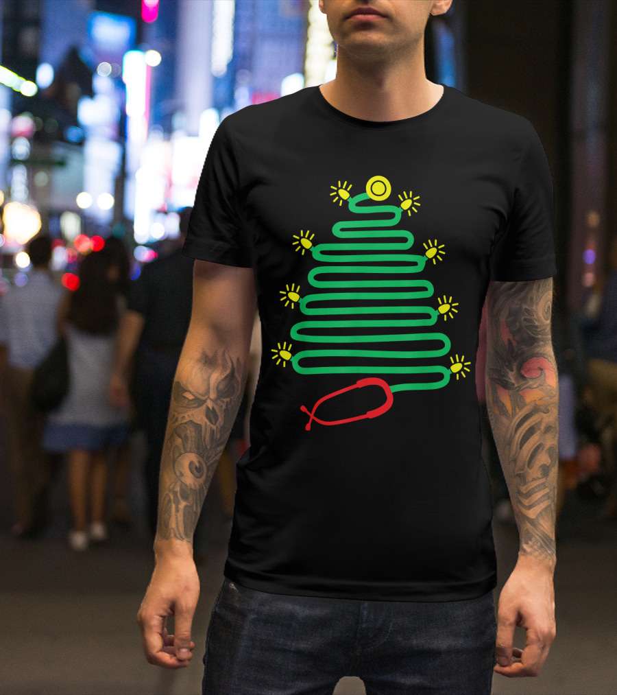 Cute Nurse Christmas Tree Stethoscope Holiday Lights T-Shirt