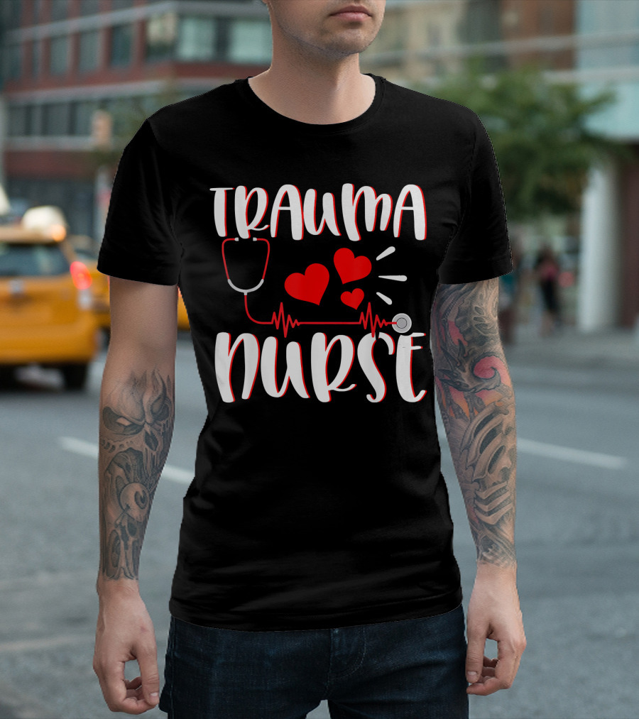 TRAUMA Nurse Stethoscope Hearts EKG T-Shirt