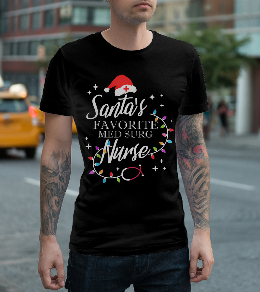 Santa's Favorite Med Surg Nurse Christmas Lights Stethoscope T-Shirt