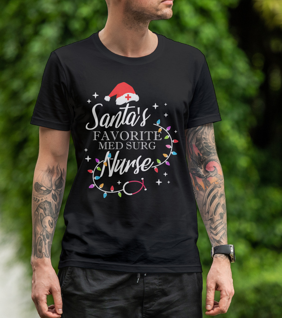 Santa's Favorite Med Surg Nurse Christmas Lights Stethoscope T-Shirt