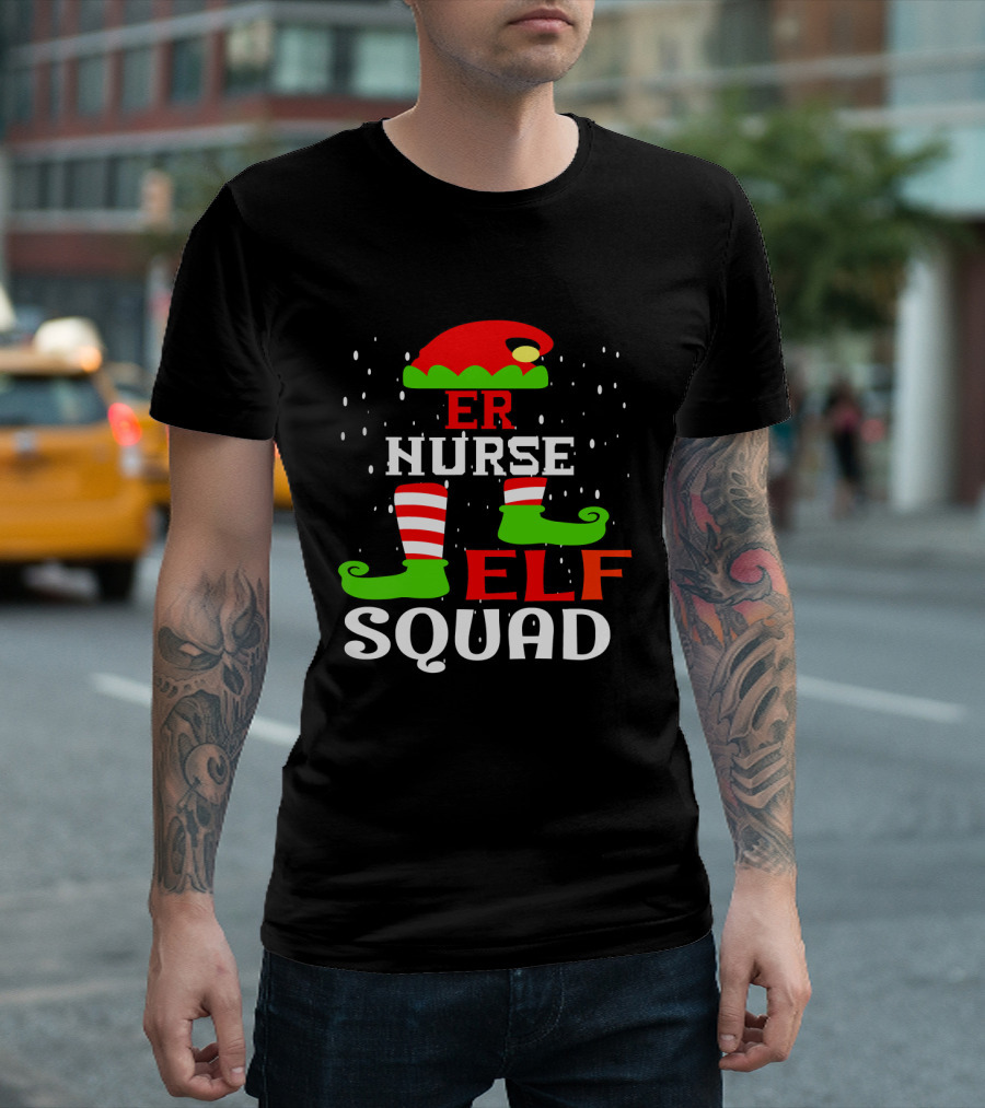 ER NURSE ELF SQUAD Christmas Elf Hat and Striped Stockings T-Shirt