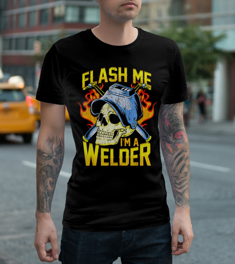 Flash Me I'm a Welder Skull with Welding Mask and Flames T-Shirt