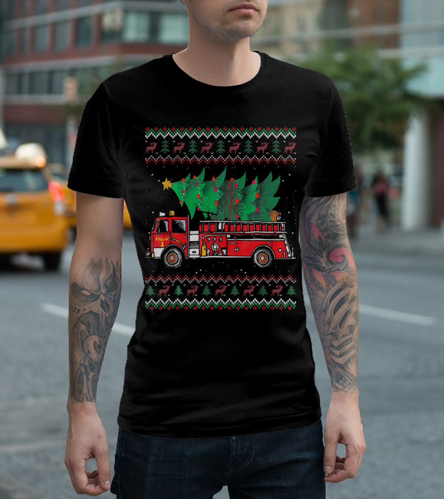 Firefighter Truck Christmas Tree Ugly Sweater Reindeer T-Shirt