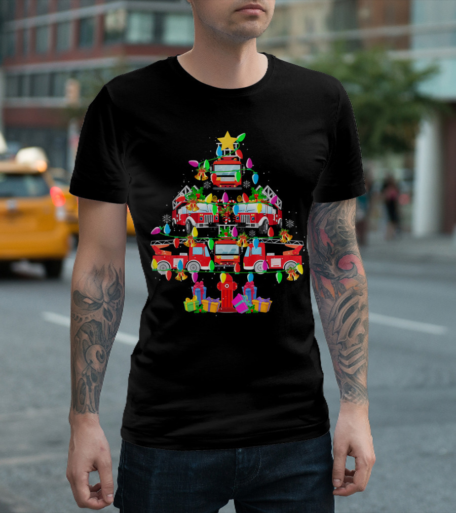Fire Truck Holiday Lights Christmas Tree With Gifts T-Shirt