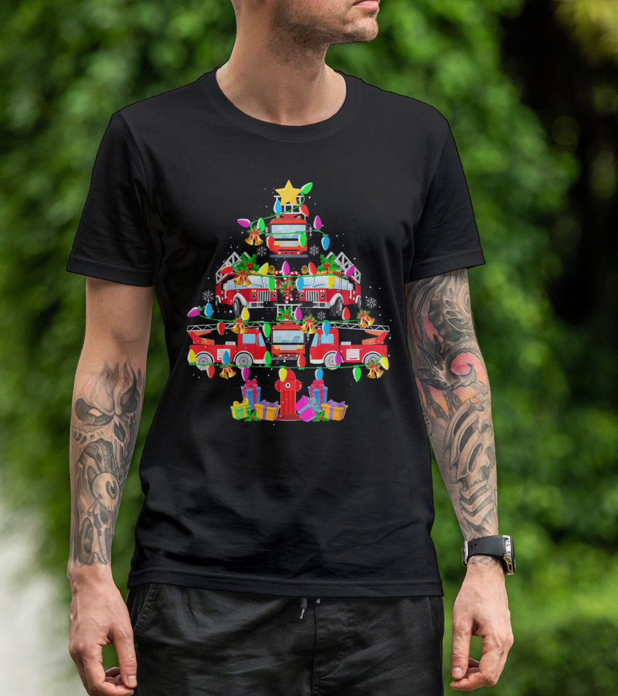 Fire Truck Holiday Lights Christmas Tree With Gifts T-Shirt
