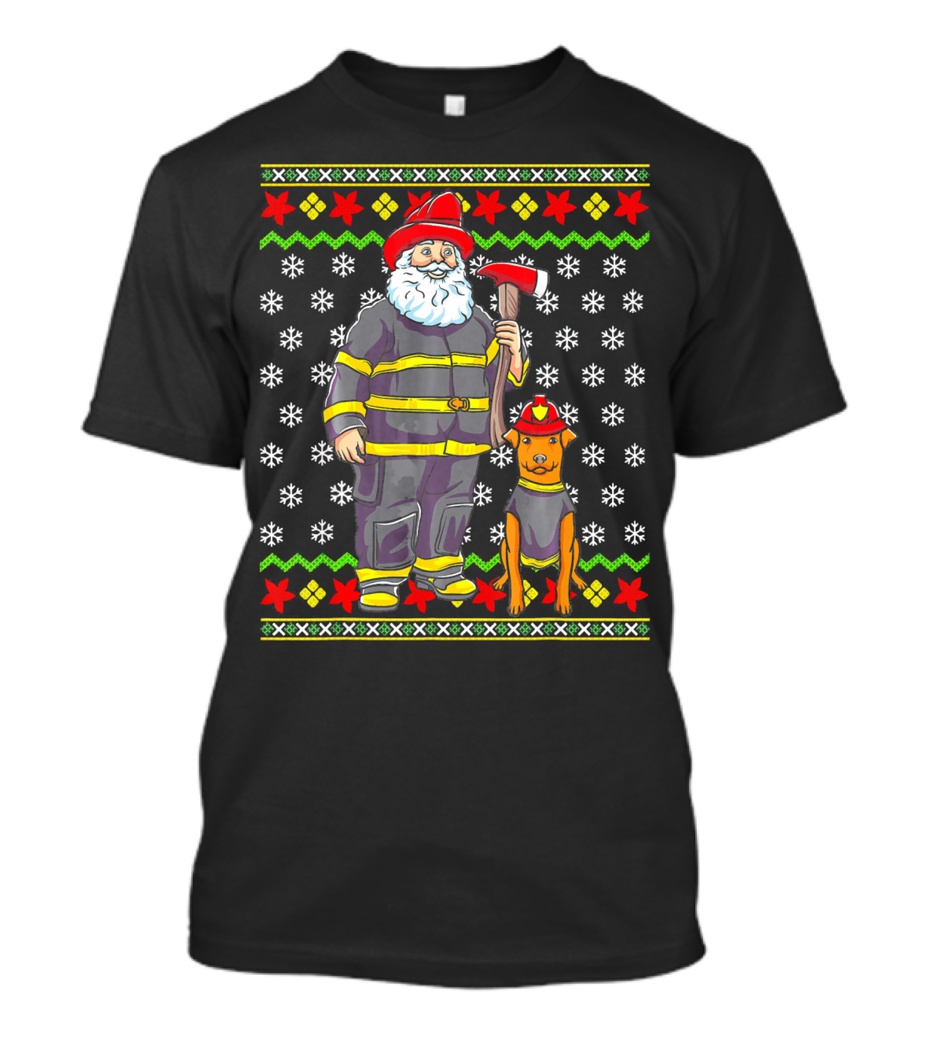 Firefighter Santa Claus Fireman Fire Dog Christmas Snowflakes T-Shirt