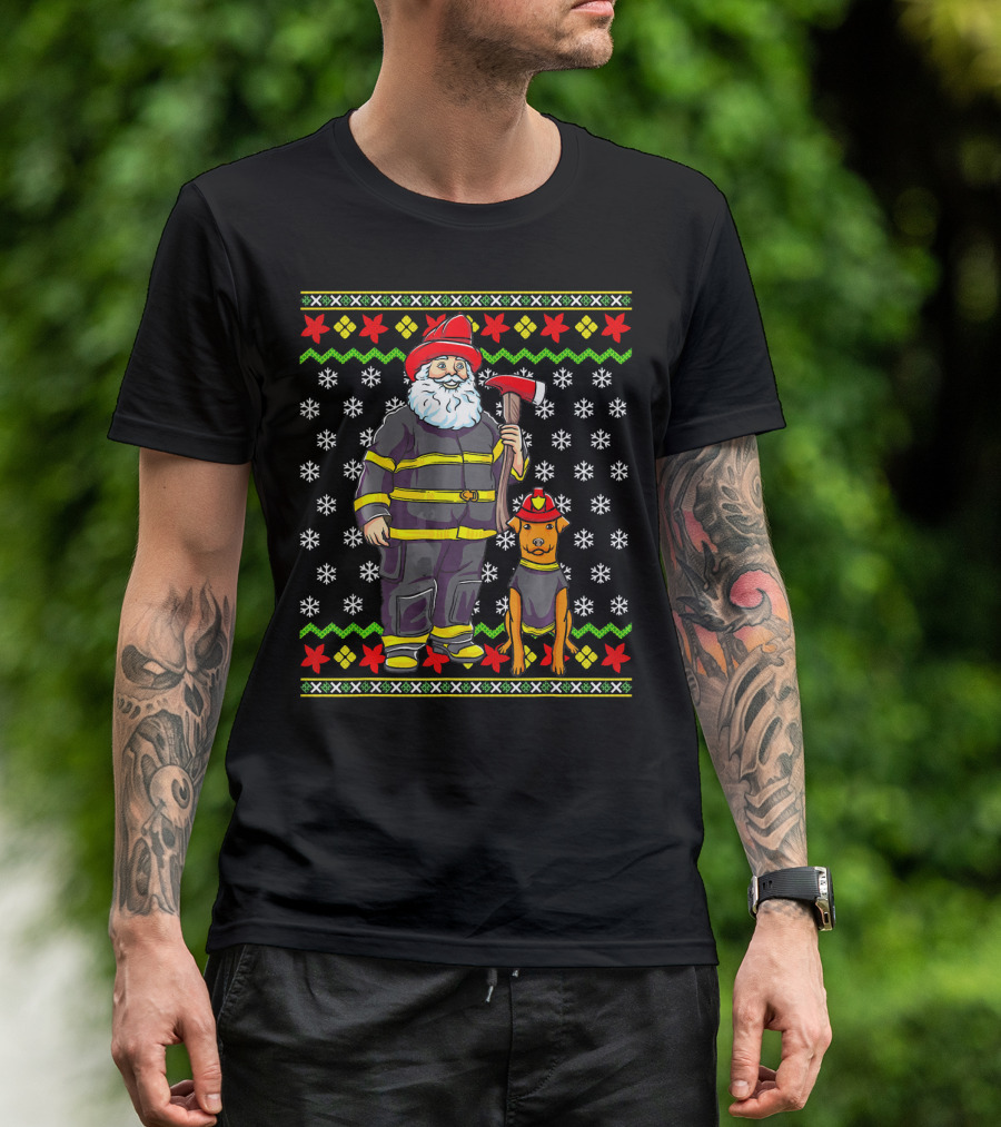 Firefighter Santa Claus Fireman Fire Dog Christmas Snowflakes T-Shirt