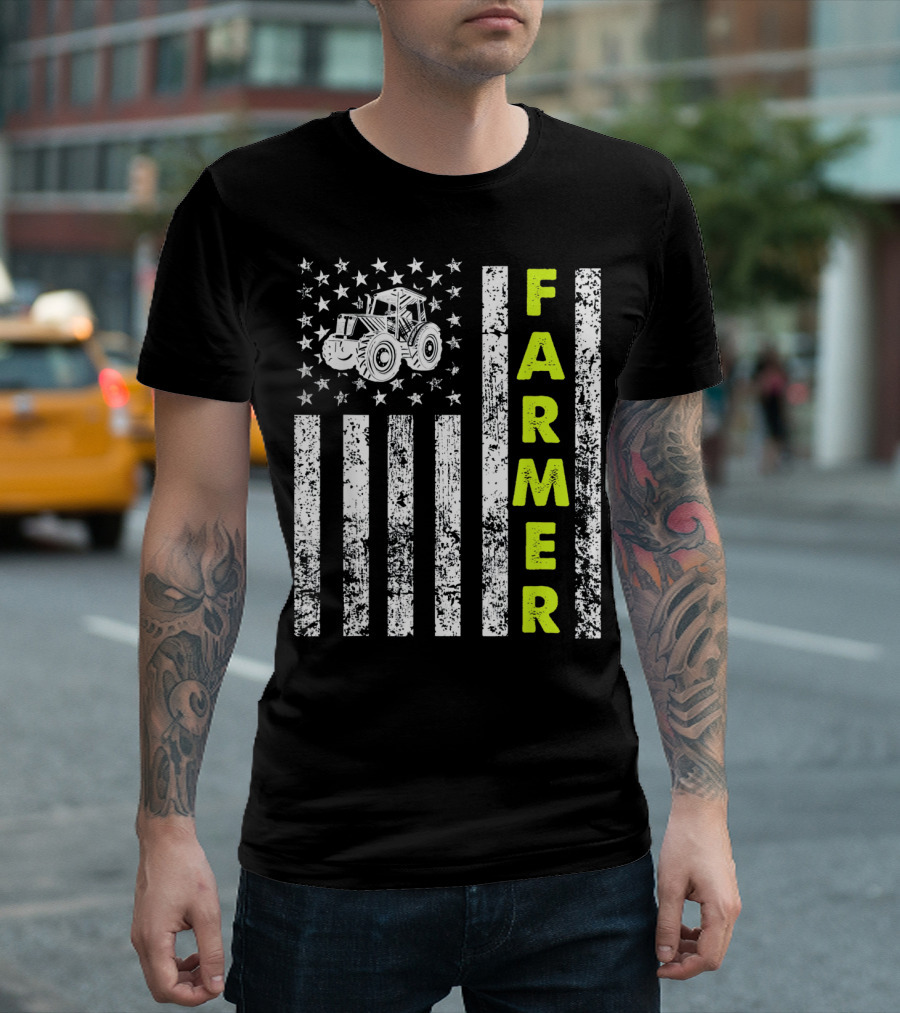 Farmer Tractor American Flag Rustic Stars Stripes T-Shirt