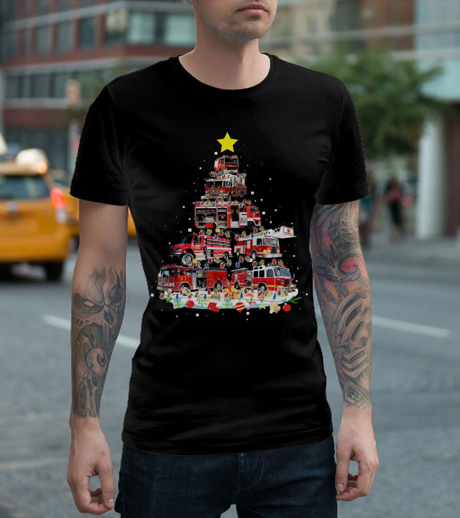 Firefighter Truck Christmas Tree Festive Holiday Decor with Star and Ornaments T-Shirt