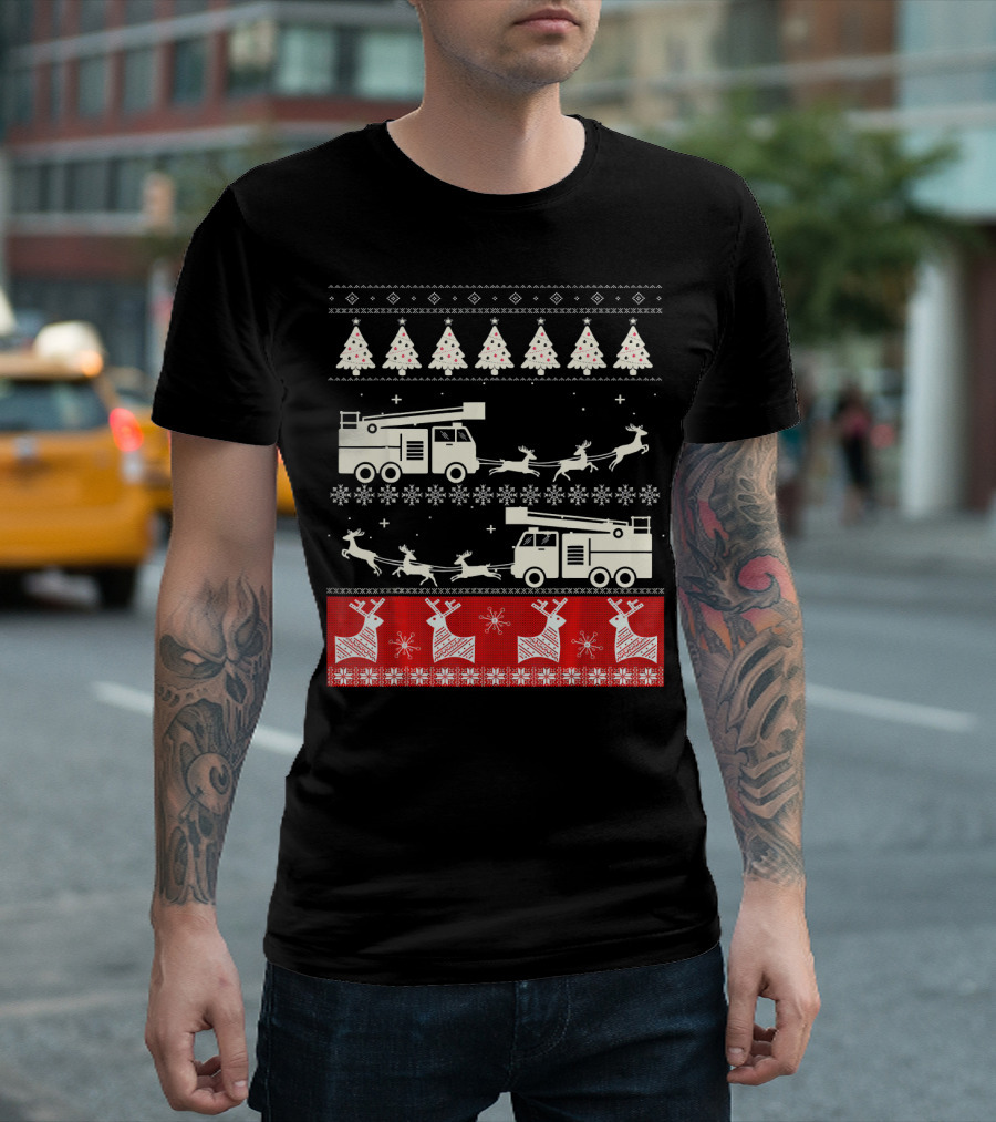 Fireman Firefighter Christmas Fire Truck and Reindeer Holiday T-Shirt