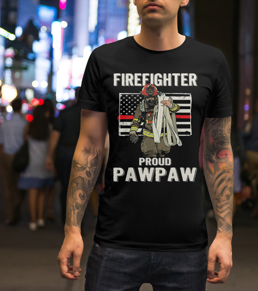 Firefighter Proud Pawpaw American Flag Thin Red Line T-Shirt
