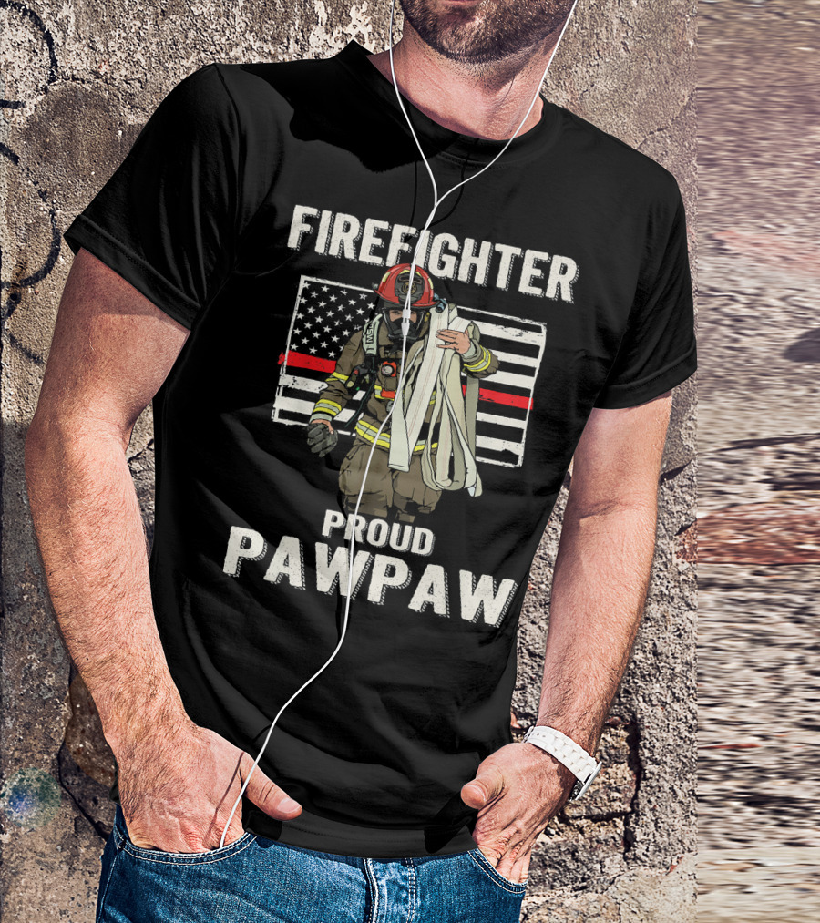 Firefighter Proud Pawpaw American Flag Thin Red Line T-Shirt